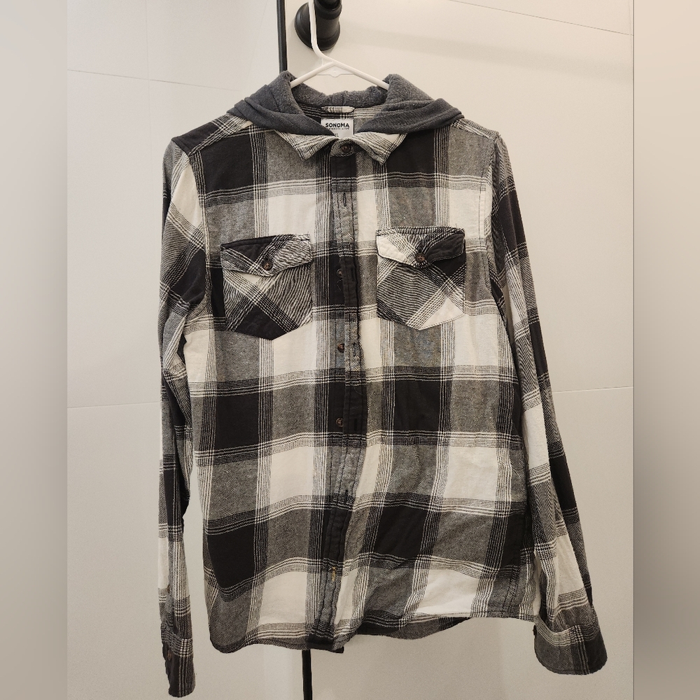 Boys Charcoal and White Flannel Plaid Shirt with Grey Hood Sz XL